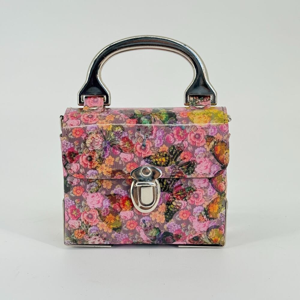 Vtg 90s Holographic Butterfly Box Purse Mini Rare Floral Handbag Made USA Y2K